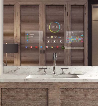 Modern design of bathroom with wooden vanity in the middle 3D Re